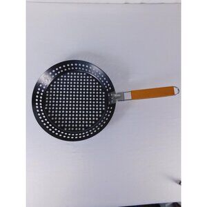 14" Black Steel Perforated Grill Pan W Wood Handle Gas Stove BBQ Cookware